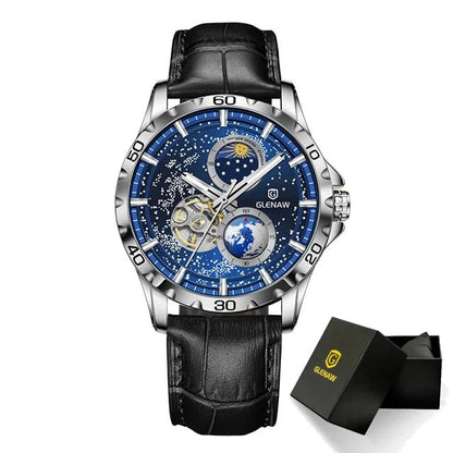GLENAW Rotating Earth Double Second Hand WristWatch Men Automatic Mechanical Watch Starry Sky Stainless Steel Leather Watchband - RELUX.STORE