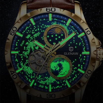 GLENAW Rotating Earth Double Second Hand WristWatch Men Automatic Mechanical Watch Starry Sky Stainless Steel Leather Watchband - RELUX.STORE