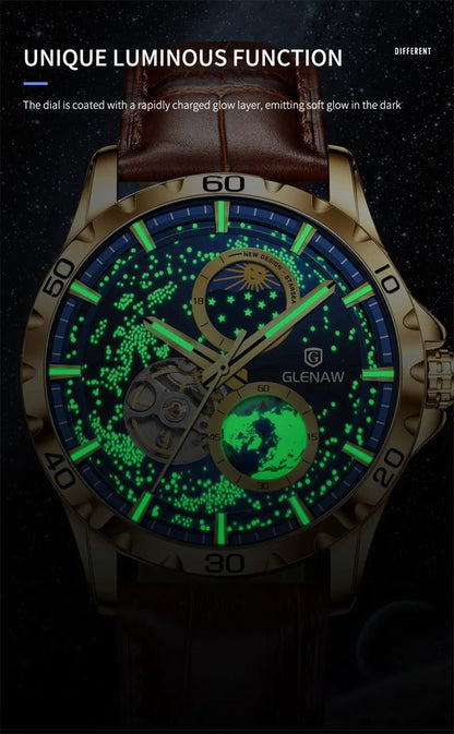 GLENAW Rotating Earth Double Second Hand WristWatch Men Automatic Mechanical Watch Starry Sky Stainless Steel Leather Watchband - RELUX.STORE