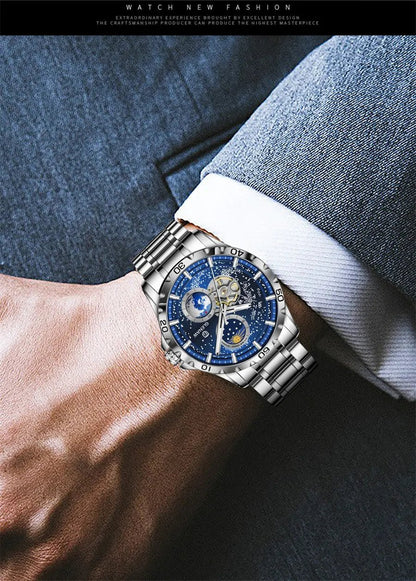 GLENAW Rotating Earth Double Second Hand WristWatch Men Automatic Mechanical Watch Starry Sky Stainless Steel Leather Watchband - RELUX.STORE