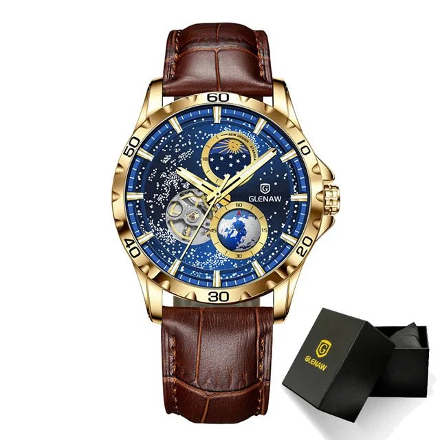 GLENAW Rotating Earth Double Second Hand WristWatch Men Automatic Mechanical Watch Starry Sky Stainless Steel Leather Watchband - RELUX.STORE