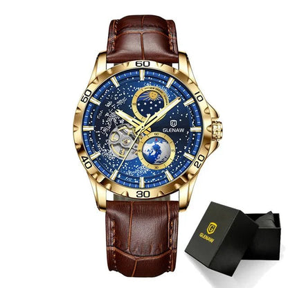 GLENAW Rotating Earth Double Second Hand WristWatch Men Automatic Mechanical Watch Starry Sky Stainless Steel Leather Watchband - RELUX.STORE