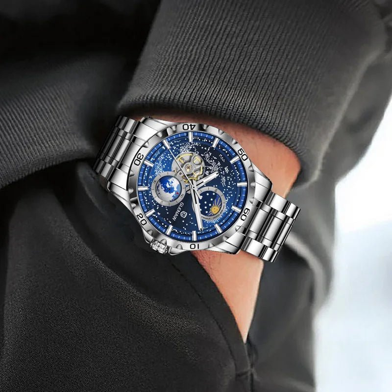 GLENAW Rotating Earth Double Second Hand WristWatch Men Automatic Mechanical Watch Starry Sky Stainless Steel Leather Watchband - RELUX.STORE