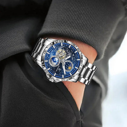 GLENAW Rotating Earth Double Second Hand WristWatch Men Automatic Mechanical Watch Starry Sky Stainless Steel Leather Watchband - RELUX.STORE
