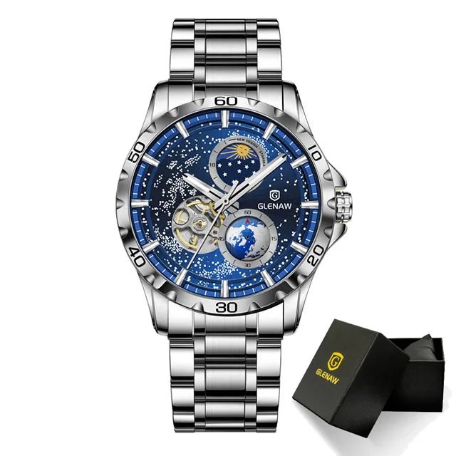 GLENAW Rotating Earth Double Second Hand WristWatch Men Automatic Mechanical Watch Starry Sky Stainless Steel Leather Watchband - RELUX.STORE