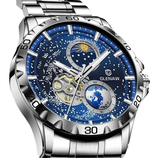 GLENAW Rotating Earth Double Second Hand WristWatch Men Automatic Mechanical Watch Starry Sky Stainless Steel Leather Watchband - RELUX.STORE