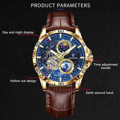 GLENAW Rotating Earth Double Second Hand WristWatch Men Automatic Mechanical Watch Starry Sky Stainless Steel Leather Watchband - RELUX.STORE