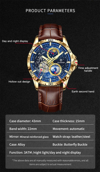 GLENAW Rotating Earth Double Second Hand WristWatch Men Automatic Mechanical Watch Starry Sky Stainless Steel Leather Watchband - RELUX.STORE