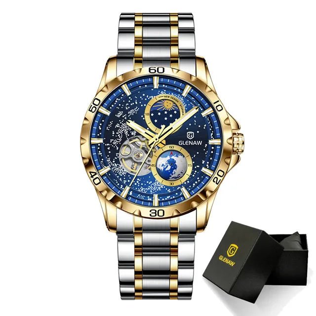 GLENAW Rotating Earth Double Second Hand WristWatch Men Automatic Mechanical Watch Starry Sky Stainless Steel Leather Watchband - RELUX.STORE