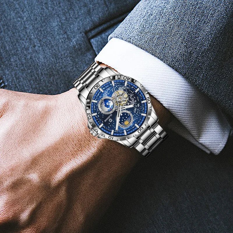 GLENAW Rotating Earth Double Second Hand WristWatch Men Automatic Mechanical Watch Starry Sky Stainless Steel Leather Watchband - RELUX.STORE