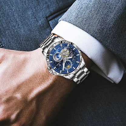 GLENAW Rotating Earth Double Second Hand WristWatch Men Automatic Mechanical Watch Starry Sky Stainless Steel Leather Watchband - RELUX.STORE
