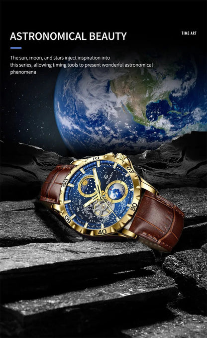 GLENAW Rotating Earth Double Second Hand WristWatch Men Automatic Mechanical Watch Starry Sky Stainless Steel Leather Watchband - RELUX.STORE