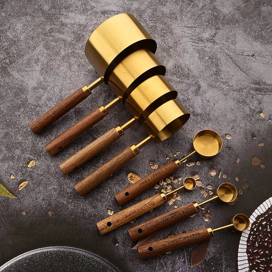 Gold Wooden Handle Stainless Steel Measuring Cups Spoons Baking Tools Coffee Measuring Spoon Set Bartending Scale Accessories - RELUX.STORE