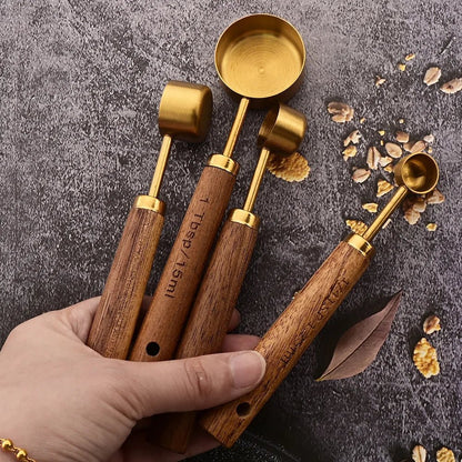 Gold Wooden Handle Stainless Steel Measuring Cups Spoons Baking Tools Coffee Measuring Spoon Set Bartending Scale Accessories - RELUX.STORE