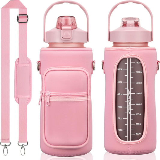 Half Gallon Water Bottle 64 OZ with Sleeve | Leakproof Water Jug with Straw & Time Marker | Motivational Insulated Holder for Gym, Workout, Sports & Daily Hydration - RELUX.STORE