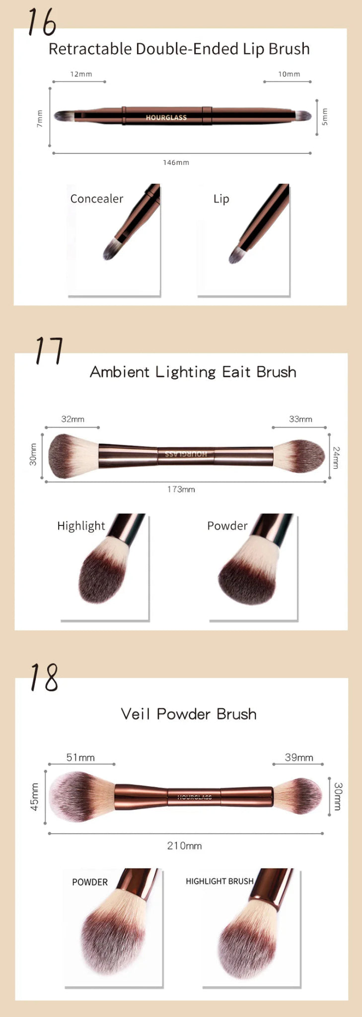Hourglass Makeup Brush All Kinds Eyeshadow Foundation Concealer Powder Bronzer Blusher Eyeliner Retractable Professional Brushes - RELUX.STORE