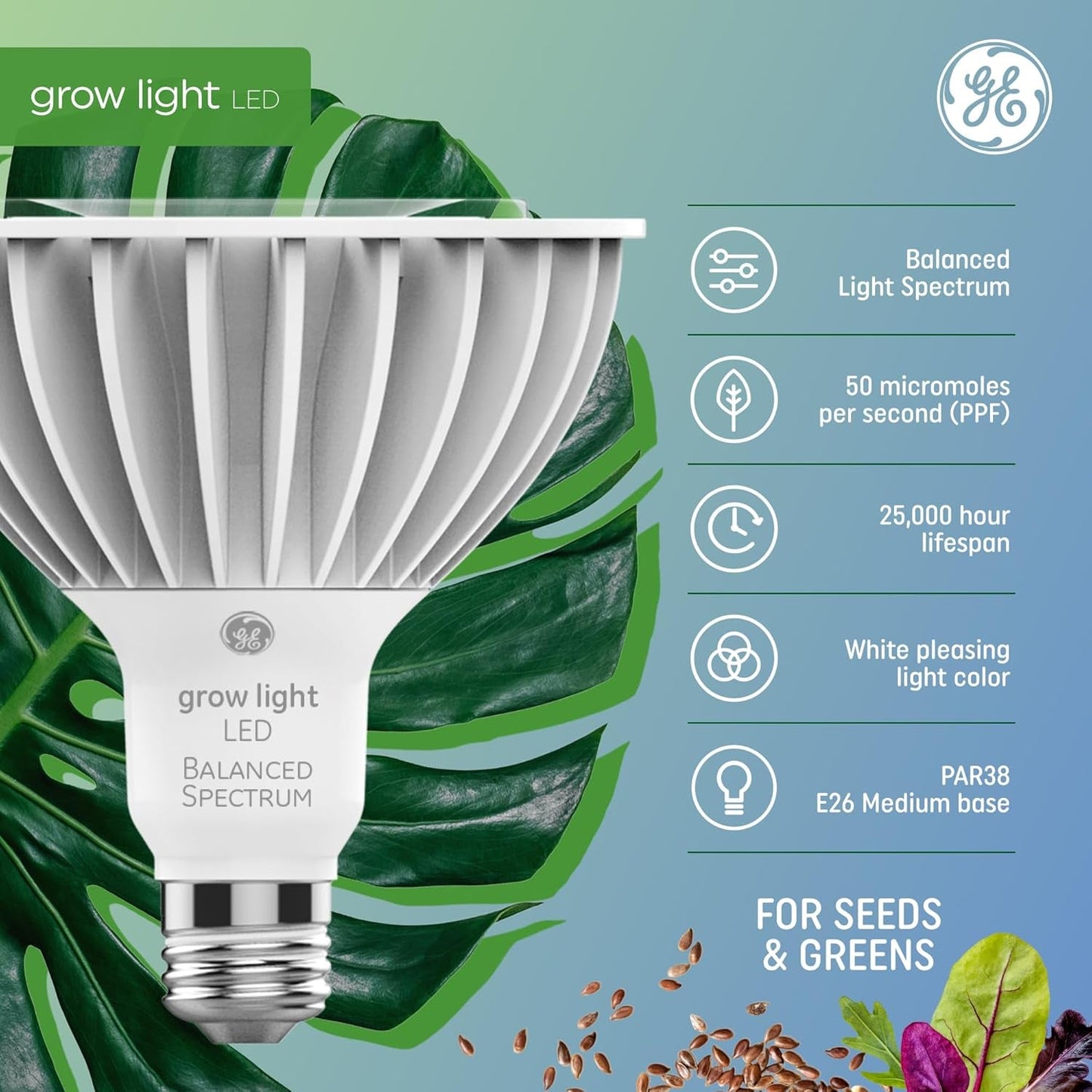 Indoor LED Grow Light Bulb PAR38 – Full Spectrum Plant Grow Light for Seeds, Herbs, and Greens, 50 PPF, 25,000 Hours Lifespan, 1 Pack - RELUX.STORE