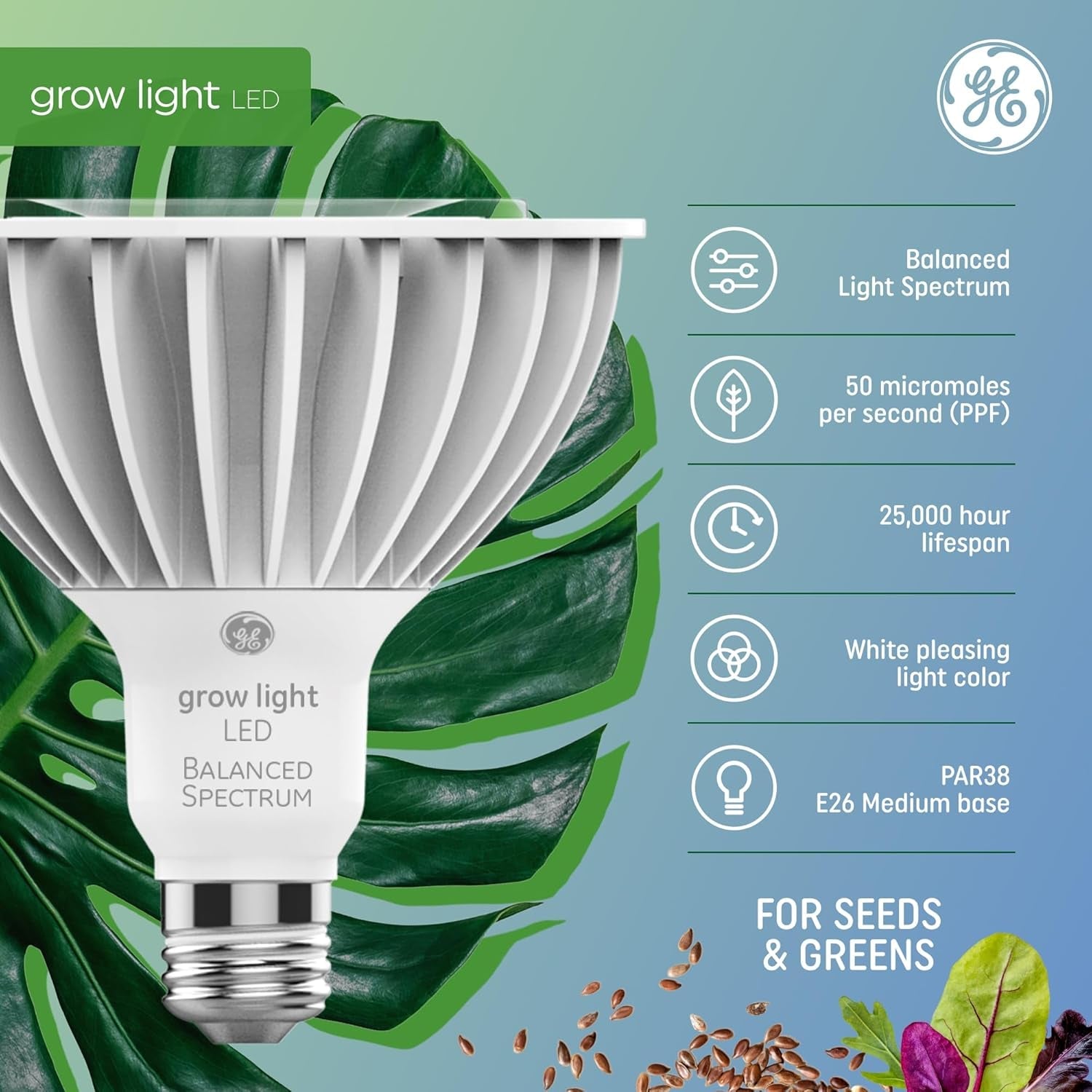 Indoor LED Grow Light Bulb PAR38 – Full Spectrum Plant Grow Light for Seeds, Herbs, and Greens, 50 PPF, 25,000 Hours Lifespan, 1 Pack - RELUX.STORE