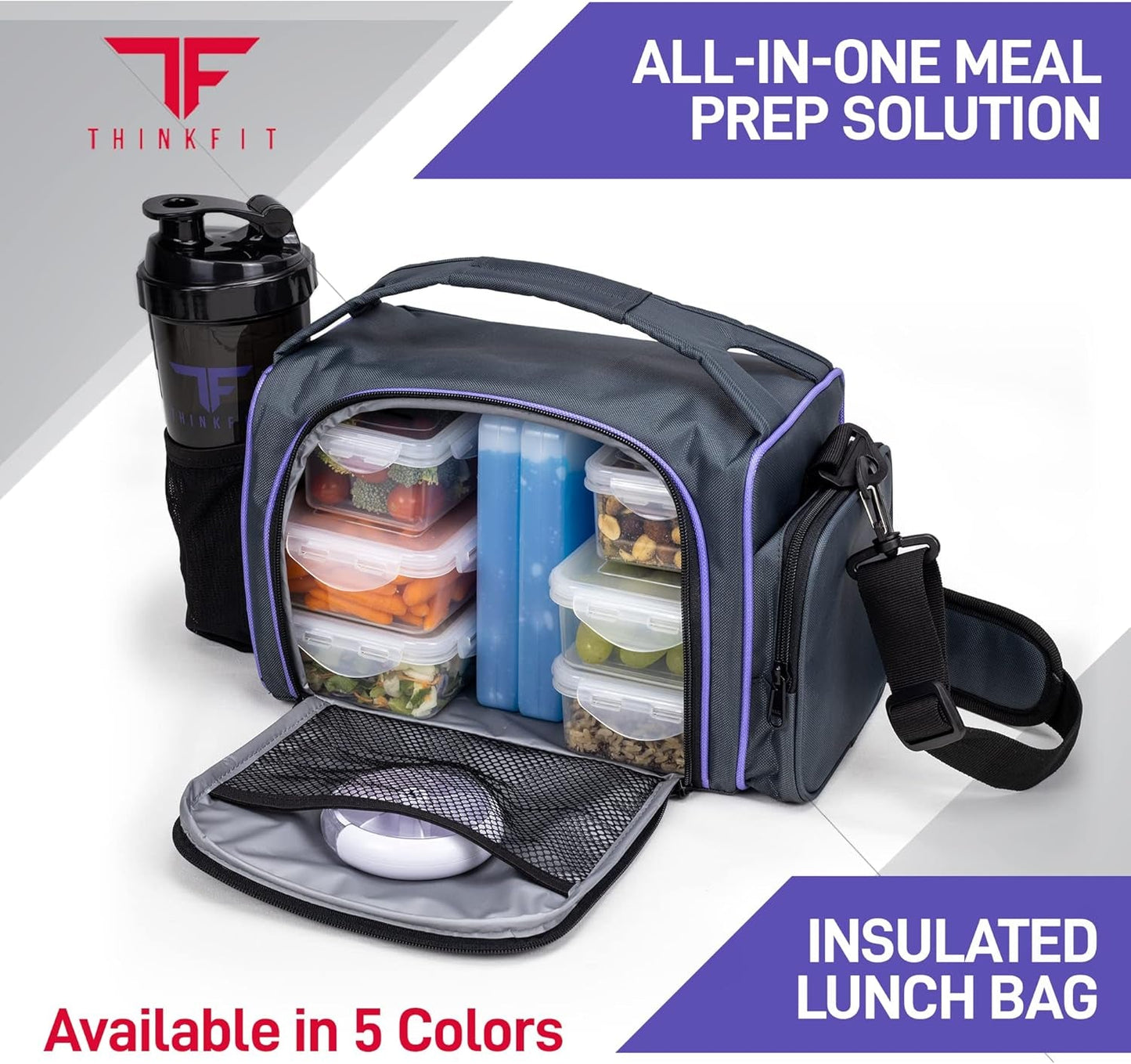 “Insulated Meal Prep Lunch Box – 6 Portion Control Containers, BPA - Free, Reusable, Microwave & Freezer Safe, with Shaker Cup, Pill Organizer, Shoulder Strap & Side Pocket (Purple)” - RELUX.STORE