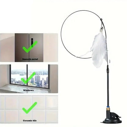 “Interactive Cat Teaser Toy – Bell & Feather Wand with Long Suction Cup Pole for Fun, Active Playtime” - RELUX.STORE