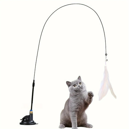 “Interactive Cat Teaser Toy – Bell & Feather Wand with Long Suction Cup Pole for Fun, Active Playtime” - RELUX.STORE
