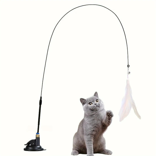 “Interactive Cat Teaser Toy – Bell & Feather Wand with Long Suction Cup Pole for Fun, Active Playtime” - RELUX.STORE
