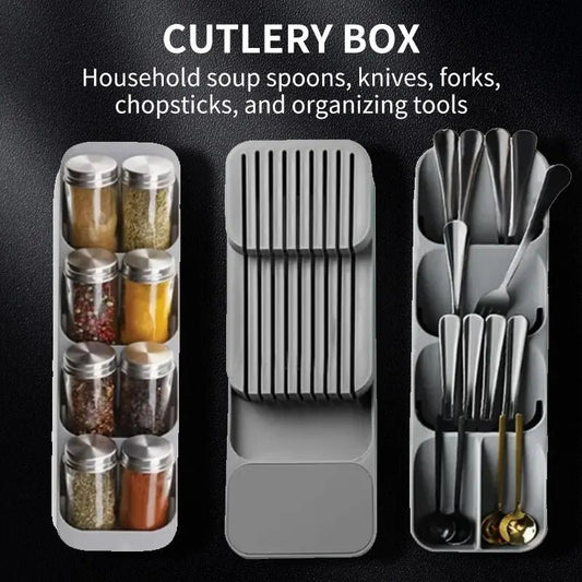 Kitchen Drawer Cutlery Storage Tray Knife Holder Spoon Forks Tableware Organizer Container For Spice Bottles Knives Block Rack - RELUX.STORE