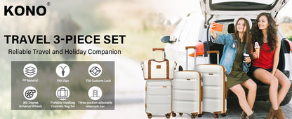 Kono Luggage Sets 3 Piece Hard Shell Travel Trolley 4 Spinner Wheels Lightweight Polypropylene Suitcase with TSA Lock - RELUX.STOREKono Luggage Sets 3 Piece Hard Shell Travel Trolley 4 Spinner Wheels Lightweight Polypropylene Suitcase with TSA Lock