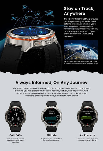 KOSPET TANK T3 Ultra 2 GPS Smart Watch For Men Smartwatch Compass Altimeter Barometric 5ATM IP69K Waterproof AMOLED Mens Watches - RELUX.STORE