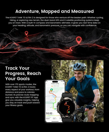 KOSPET TANK T3 Ultra 2 GPS Smart Watch For Men Smartwatch Compass Altimeter Barometric 5ATM IP69K Waterproof AMOLED Mens Watches - RELUX.STORE