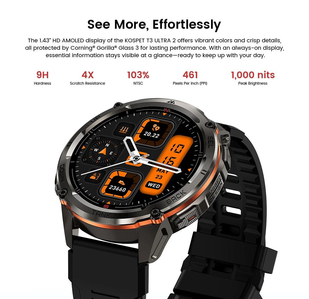 KOSPET TANK T3 Ultra 2 GPS Smart Watch For Men Smartwatch Compass Altimeter Barometric 5ATM IP69K Waterproof AMOLED Mens Watches - RELUX.STORE