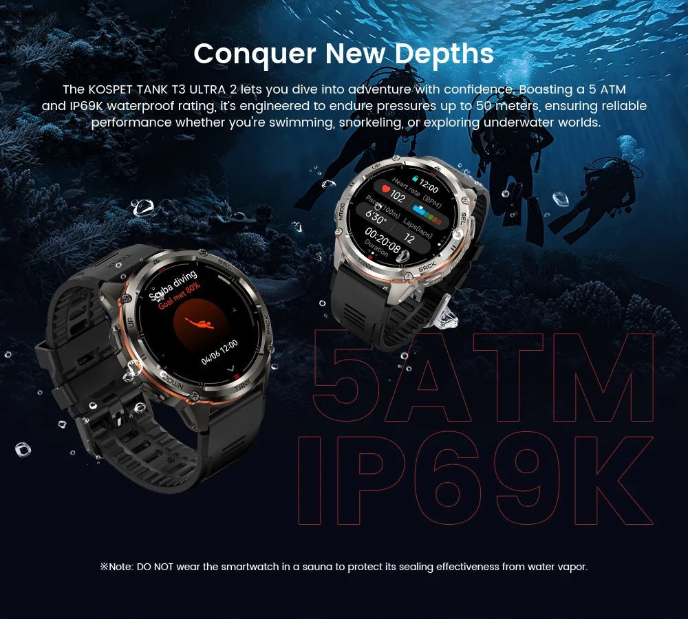 KOSPET TANK T3 Ultra 2 GPS Smart Watch For Men Smartwatch Compass Altimeter Barometric 5ATM IP69K Waterproof AMOLED Mens Watches - RELUX.STORE