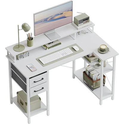 "L - Shaped Computer Desk with Monitor Stand & Shelves – 47 - Inch Corner Home Office Writing Table with Storage Drawer, White" - RELUX.STORE