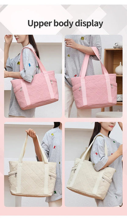 Ladies' Handbag, Cotton Plaid Tote Bag, Quilted and Filled Yoga Fitness Bag, Travel Commuter Shoulder Bag - RELUX.STORE