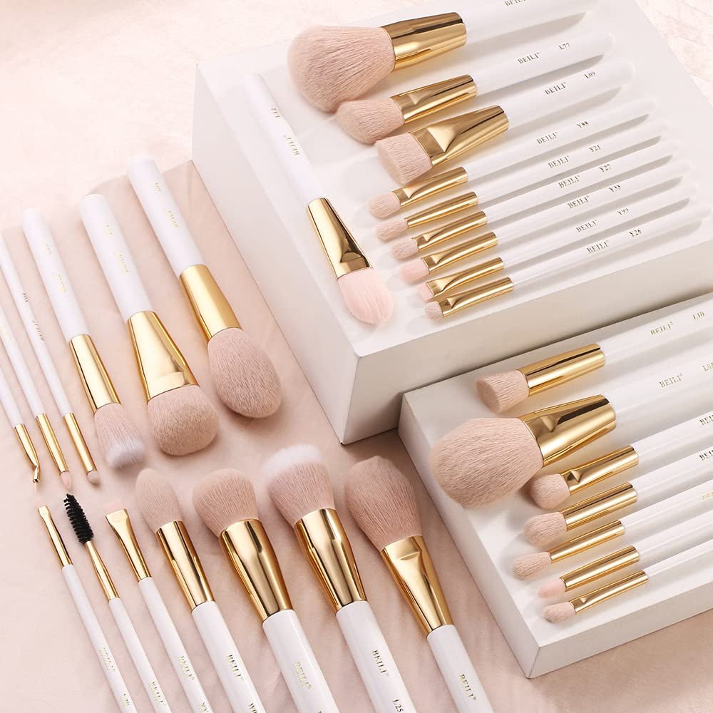 Makeup Brushes Set 30Pcs Professional Makeup Brush Premium Pink Vegan Synthetic Kabuki Foundation Blending Brush Face Powder Blush Concealers Eye Shadows Make up Brush Set (White/Rose Golden) - RELUX.STORE