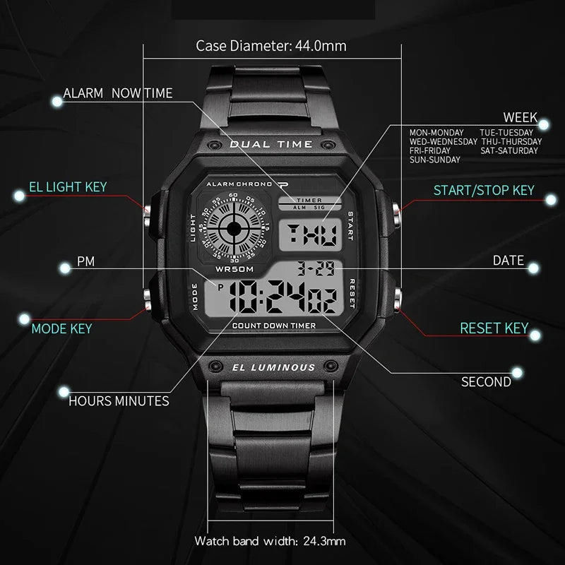 MAYZHISU Classic Men's Digital Watches Luxury Stainless Steel Strap Sport Watches Men Military Clock LED Sport Wristwatch - RELUX.STORE