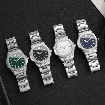 Men Fashion Wristwatches Business Square Dial Stainless Steel Strap Quartz Watch with Calendar For Mens Clock（Without Box） - RELUX.STORE