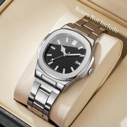 Men Fashion Wristwatches Business Square Dial Stainless Steel Strap Quartz Watch with Calendar For Mens Clock（Without Box） - RELUX.STORE