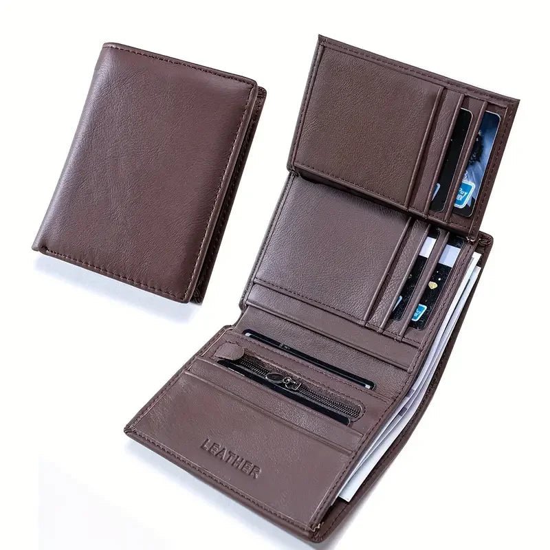 "Men’s Genuine Leather Wallet – RFID Blocking Short Wallet with Coin Purse, Vintage Vertical Design, Credit Card Holder & Money Bag" - RELUX.STORE