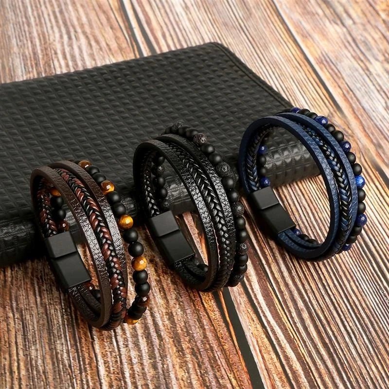 "Men’s Leather Bracelet – Multi - Layer Tiger Eye Beaded Bracelet, Classic Fashion Jewelry Gift for Men" - RELUX.STORE