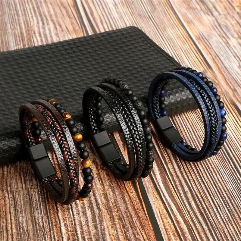 "Men’s Leather Bracelet – Multi - Layer Tiger Eye Beaded Bracelet, Classic Fashion Jewelry Gift for Men" - RELUX.STORE