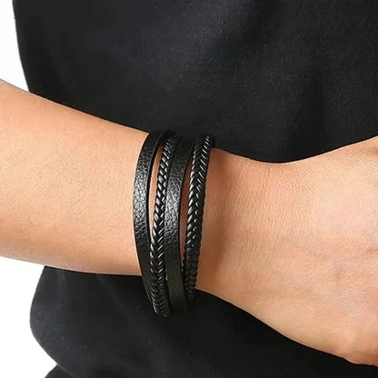 "Men’s Trendy Leather Bracelet – Multilayer Braided Rope with Stainless Steel, Fashion Jewelry Gift for Men" - RELUX.STORE