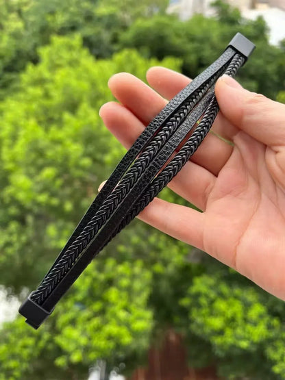 "Men’s Trendy Leather Bracelet – Multilayer Braided Rope with Stainless Steel, Fashion Jewelry Gift for Men" - RELUX.STORE