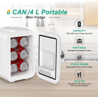 Mini Fridge, 4 Liter/6 Can Portable Cooler and Warmer Personal Refrigerator for Skin Care, Cosmetics, Beverage, Food,Great for Bedroom, Office, Car, Dorm, ETL Listed (White) - RELUX.STORE