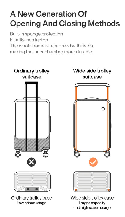 Mixi Front Laptop Pocket Suitcase Wide Handle Travel Suitcase Men 20''Carry - On Luggage Women PC Aluminum Frame Trolley Case 24'' - RELUX.STOREMixi Front Laptop Pocket Suitcase Wide Handle Travel Suitcase Men 20''Carry - On Luggage Women PC Aluminum Frame Trolley Case 24''