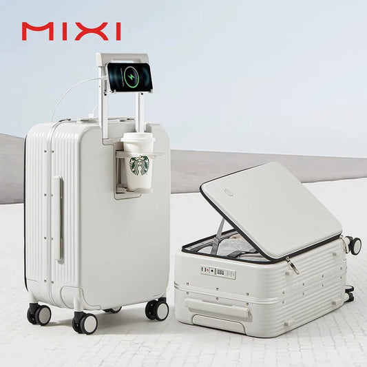 Mixi New Aluminum Frame Suitcase Carry On Rolling Luggage with USB Port Boarding Cabin Cup and Phone Holder 20 24 Inch - RELUX.STOREMixi New Aluminum Frame Suitcase Carry On Rolling Luggage with USB Port Boarding Cabin Cup and Phone Holder 20 24 Inch
