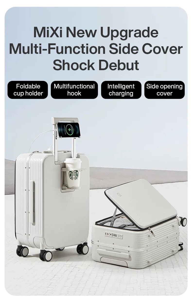 Mixi New Aluminum Frame Suitcase Carry On Rolling Luggage with USB Port Boarding Cabin Cup and Phone Holder 20 24 Inch - RELUX.STOREMixi New Aluminum Frame Suitcase Carry On Rolling Luggage with USB Port Boarding Cabin Cup and Phone Holder 20 24 Inch