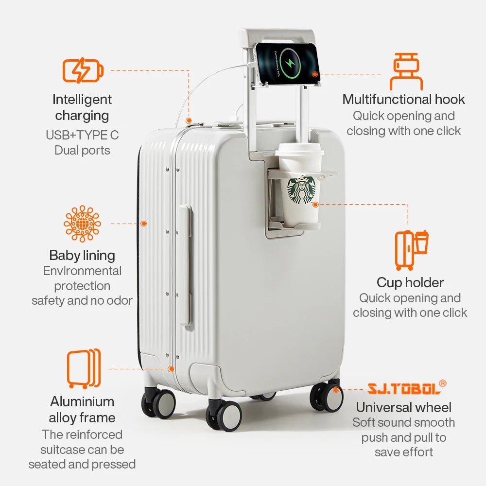 Mixi New Aluminum Frame Suitcase Carry On Rolling Luggage with USB Port Boarding Cabin Cup and Phone Holder 20 24 Inch - RELUX.STOREMixi New Aluminum Frame Suitcase Carry On Rolling Luggage with USB Port Boarding Cabin Cup and Phone Holder 20 24 Inch