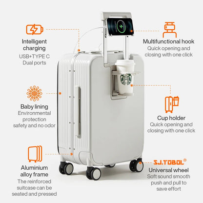 Mixi New Aluminum Frame Suitcase Carry On Rolling Luggage with USB Port Boarding Cabin Cup and Phone Holder 20 24 Inch - RELUX.STOREMixi New Aluminum Frame Suitcase Carry On Rolling Luggage with USB Port Boarding Cabin Cup and Phone Holder 20 24 Inch