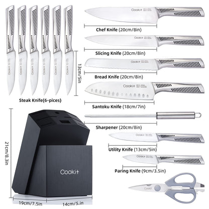 n - Slip German StainlessKitchen Knife Set, 15 Piece Knife Sets with Block, Chef Knives with No Steel Hollow Handle Cutlery Set with Multifunctional Scissors Knife Sharpener Amazon Platform Banned - RELUX.STORE